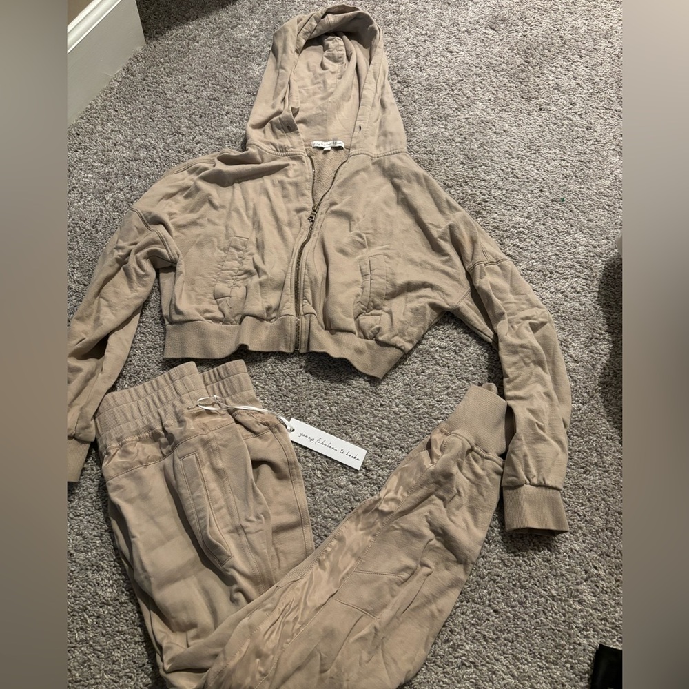Tan matching joggers and jacket